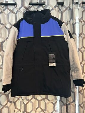 Insulated Colorblock Ski Jacket in Black, Blue & White
